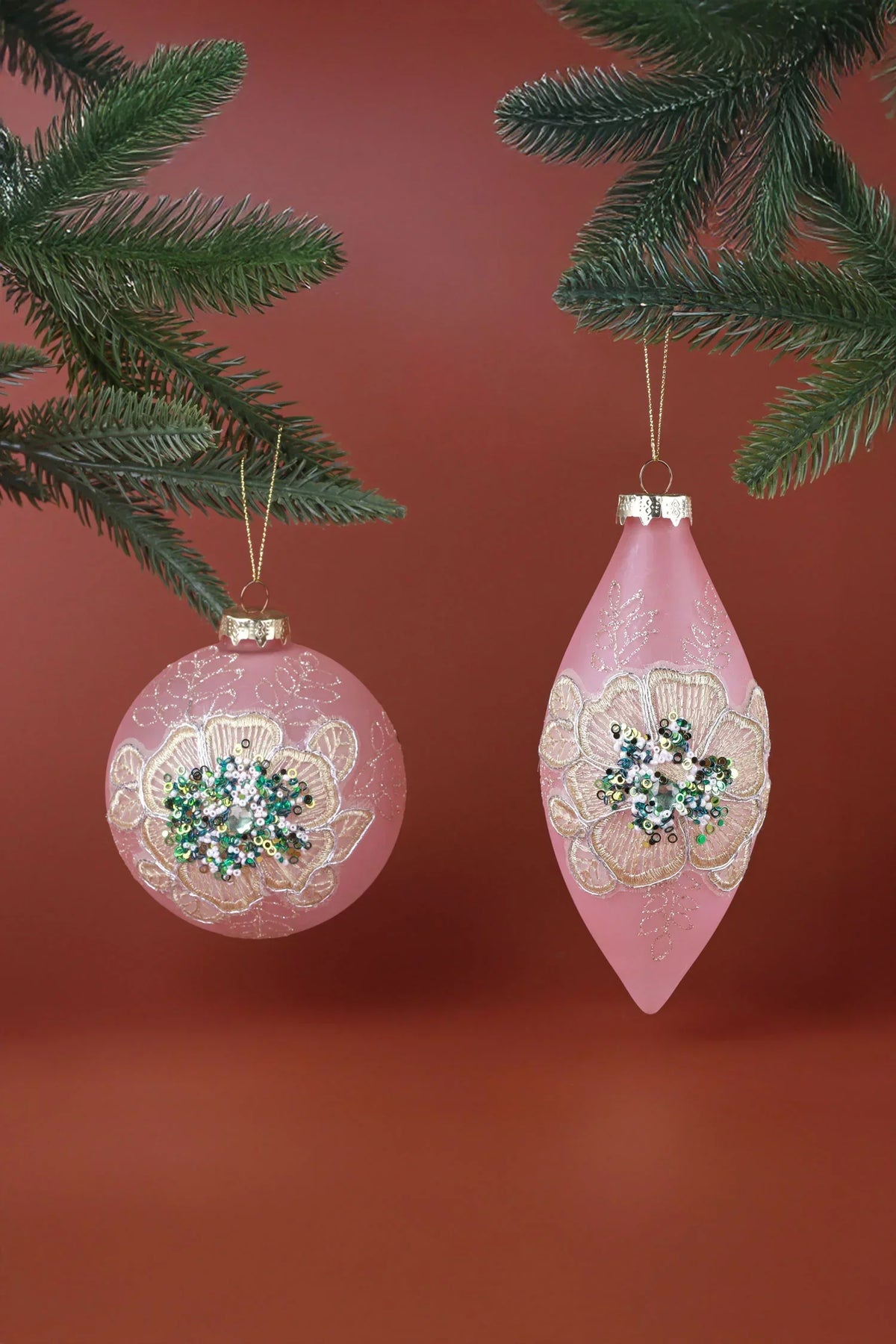 Blush Bloom Hand-Embroidered Baby Pink Glass Christmas Baubles — G Decor