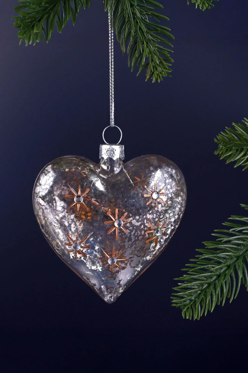 Boule de Noël en verre irisé peinte à la main "Cœur étoilé" – Argent et or