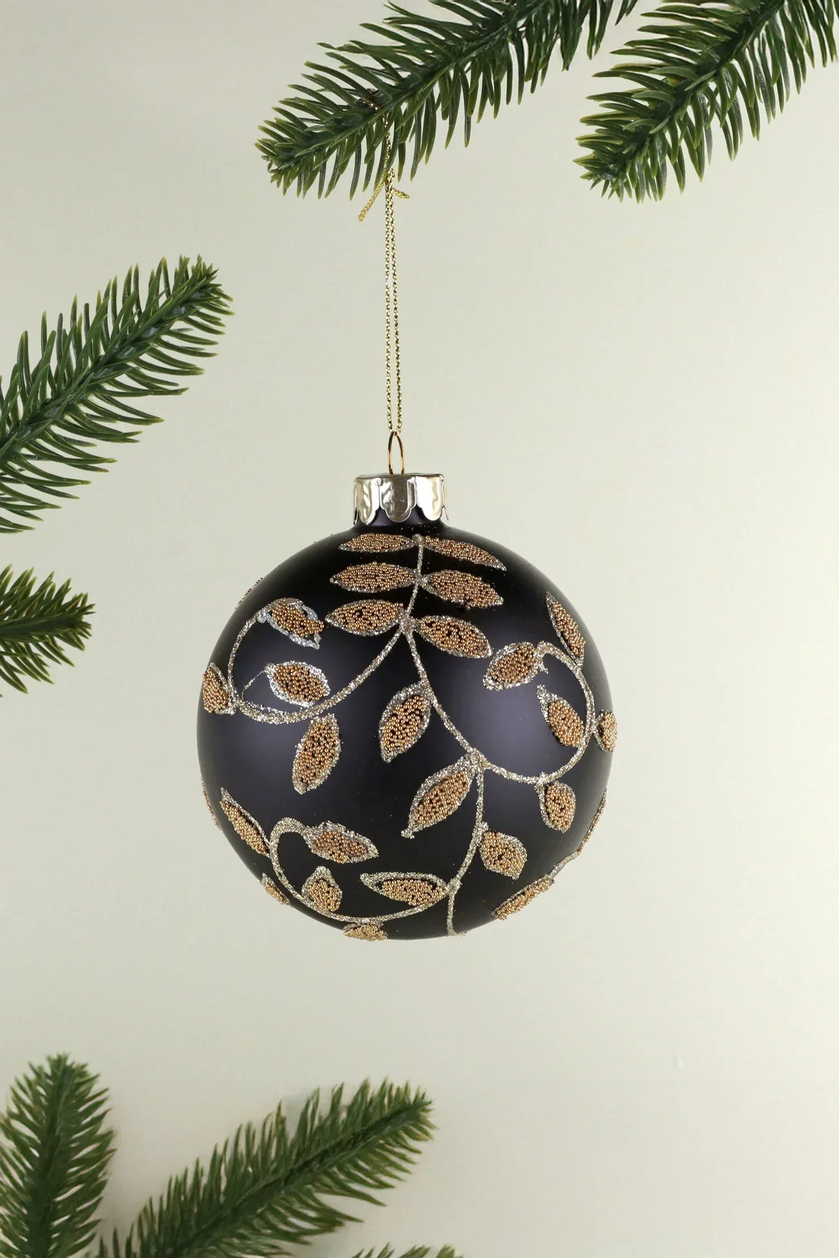 Black and Gold Leaf Hand-Decorated Glass Christmas Bauble — G Decor