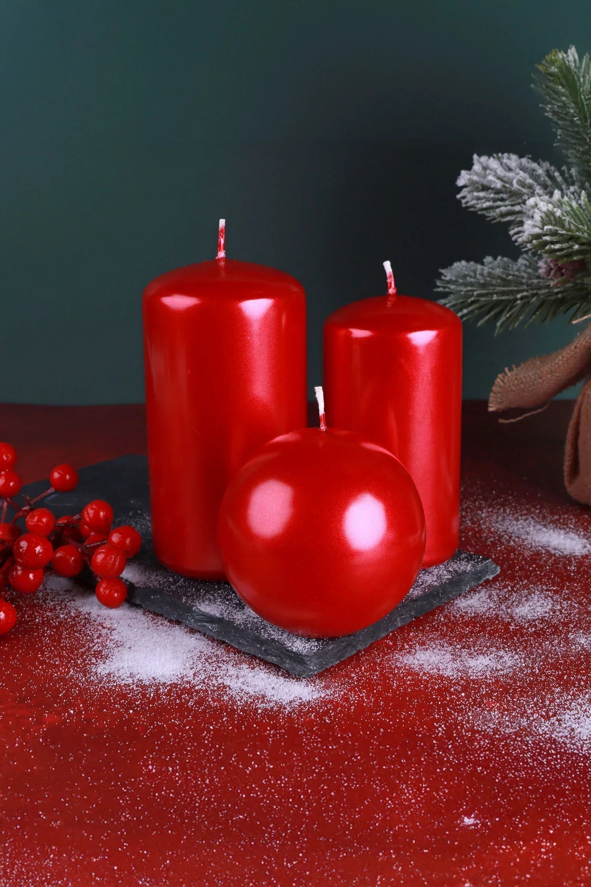 Grace Alouette Scarlet Red Lacquered Pillar and Ball Candles — close-up view, G Decor