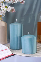 Vellure Ribbed Pillar Candle in Ice Blue — G Decor