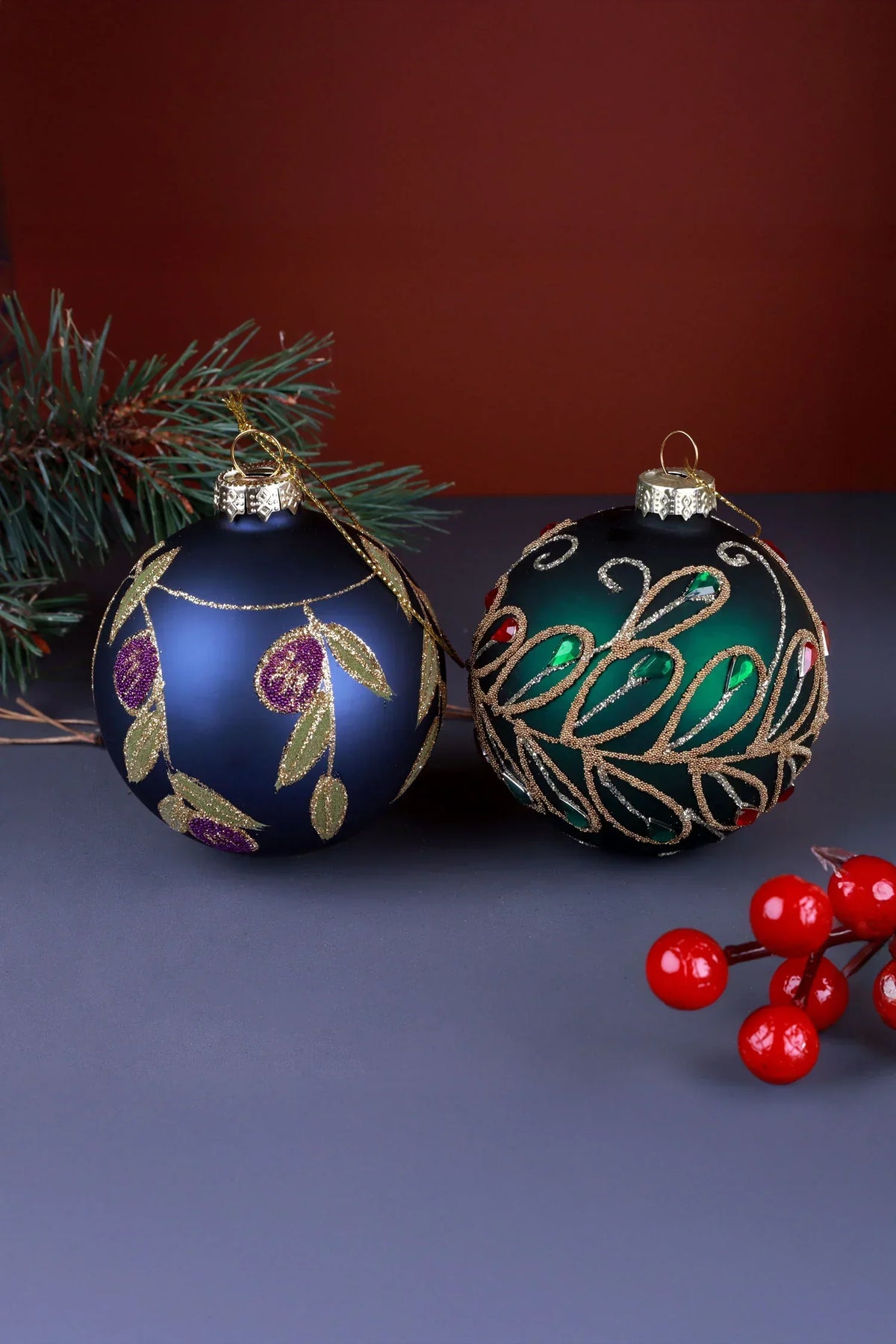 Hand-Painted Jewel Scrollwork Glass Christmas Bauble in Green or Deep Blue — alternate view, G Decor
