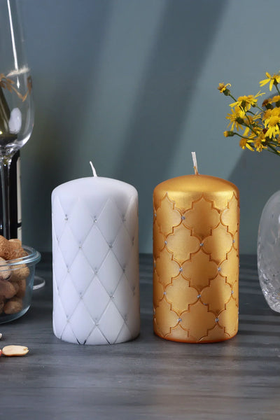 Lorinne du Clair Crystal Pillar Candle — Gold Lattice or Quilted Grey