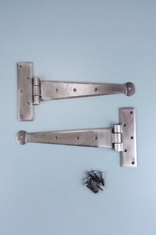9″ or 12″ Pair of Hand-Forged Penny End T Hinges in Pewter Finish