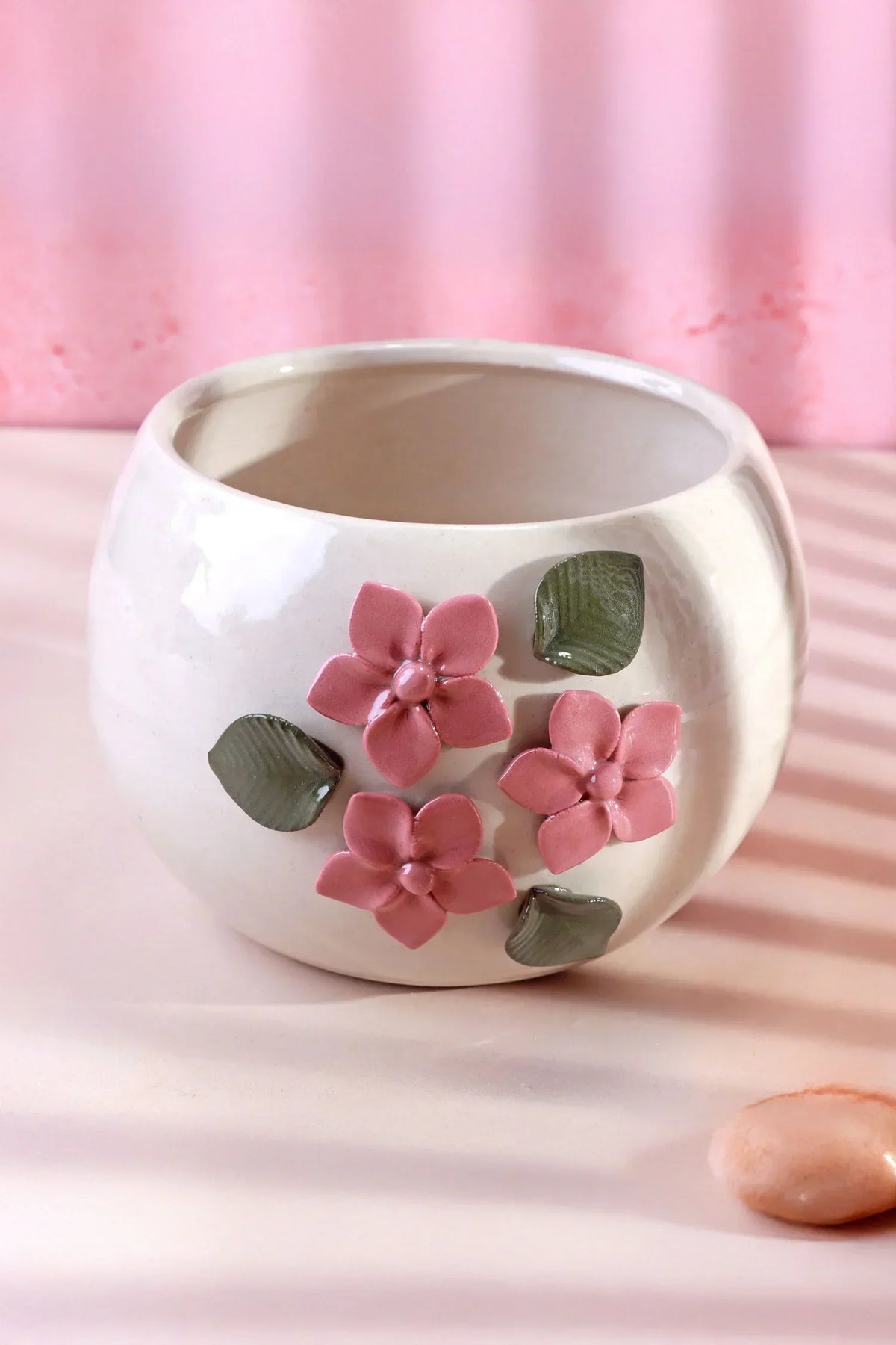 Floral Line Ceramic Planter with 3D Pink Flowers — alternate view, G Decor