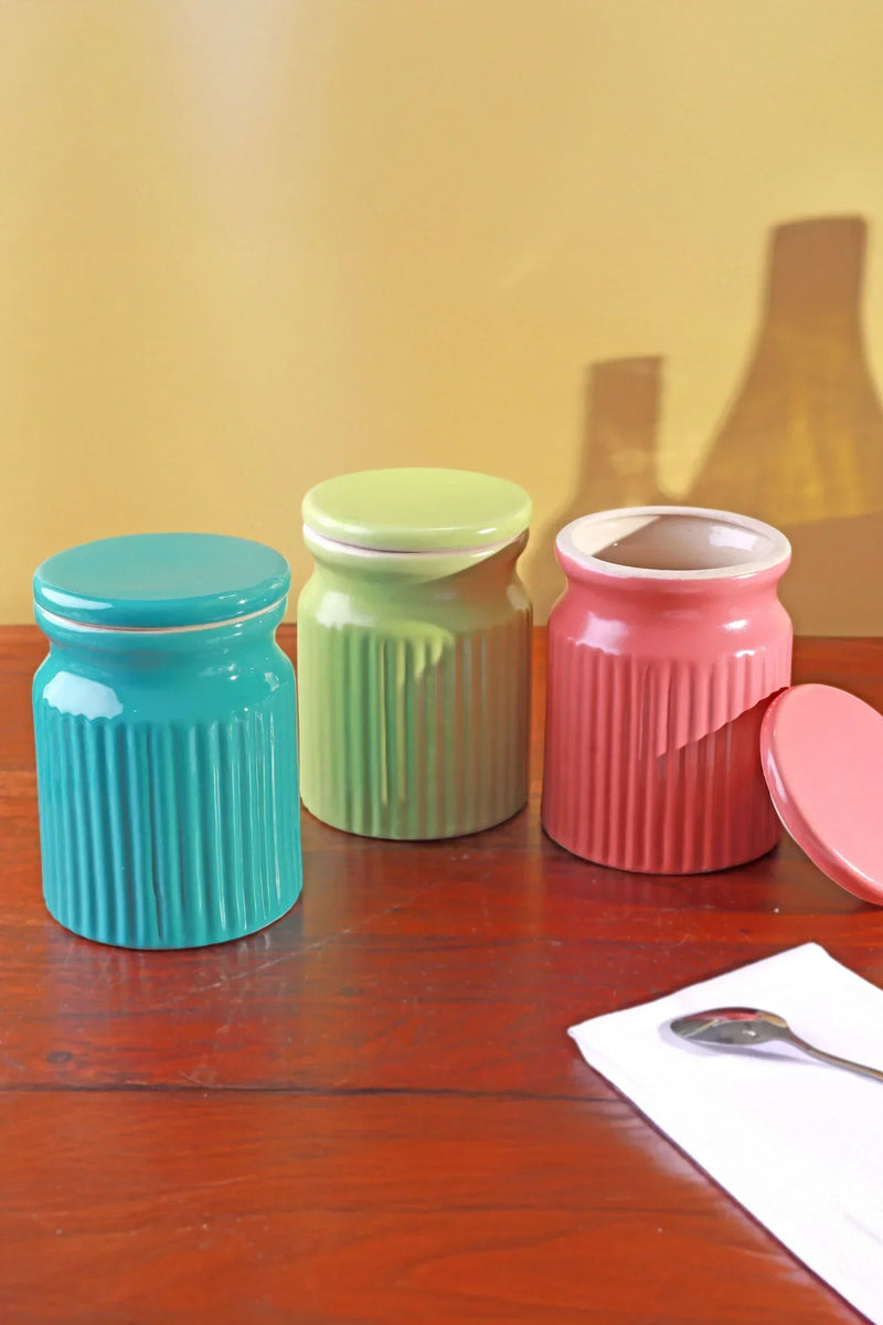 Soft Pastel Ribbed Ceramic Storage Jars — Mint, Green & Blush Pink