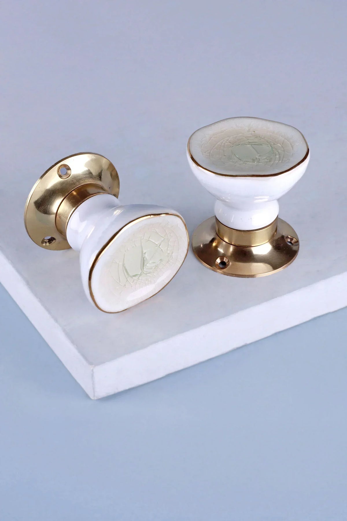 Rhodes Cream Crackle Glaze Ceramic Mortice Door Knobs with Brass Base — G Decor