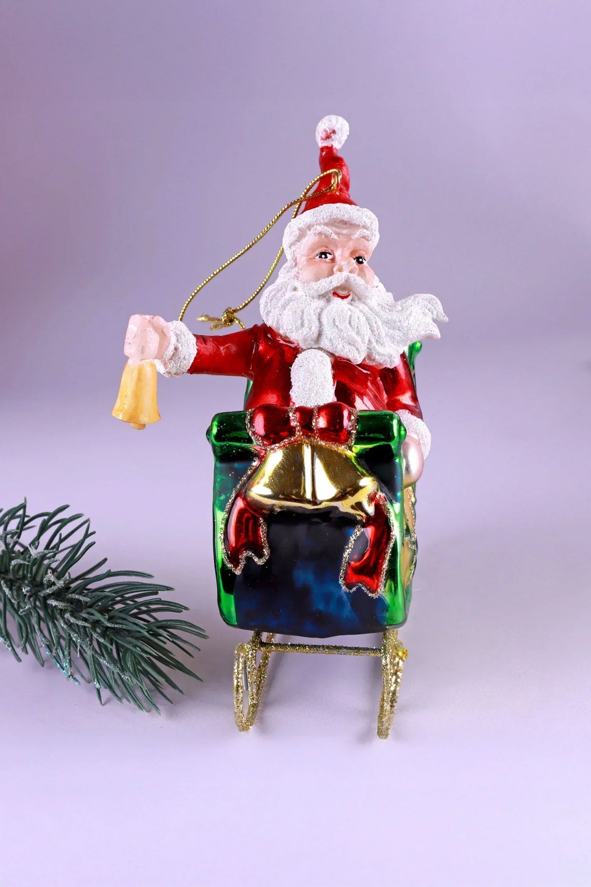 On the Way Santa in Sleigh Large Handcrafted Glass Christmas Bauble — close-up view, G Decor