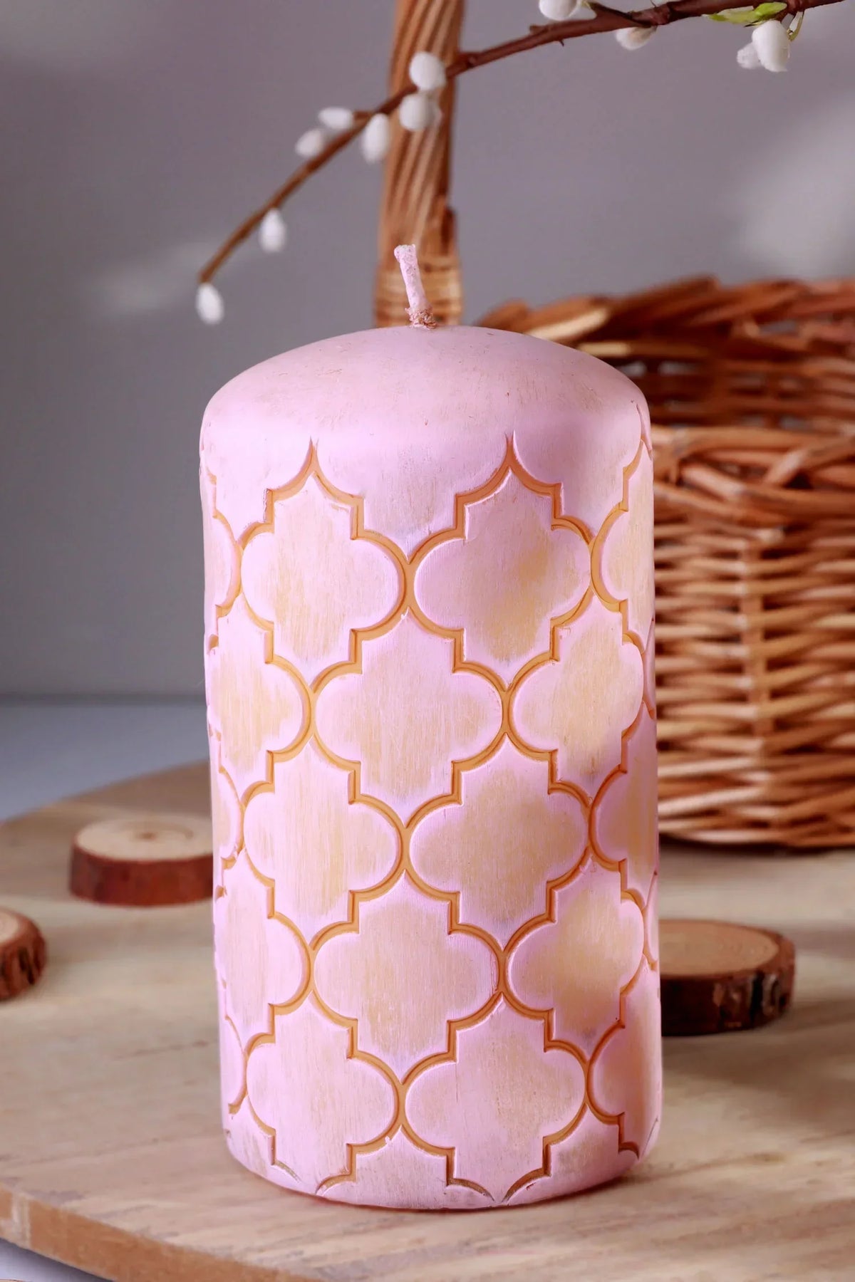 Moroccan Kanz Pressed Brass Lattice Pillar Candle in Blush Pink or Mint Green — lifestyle view, G Decor