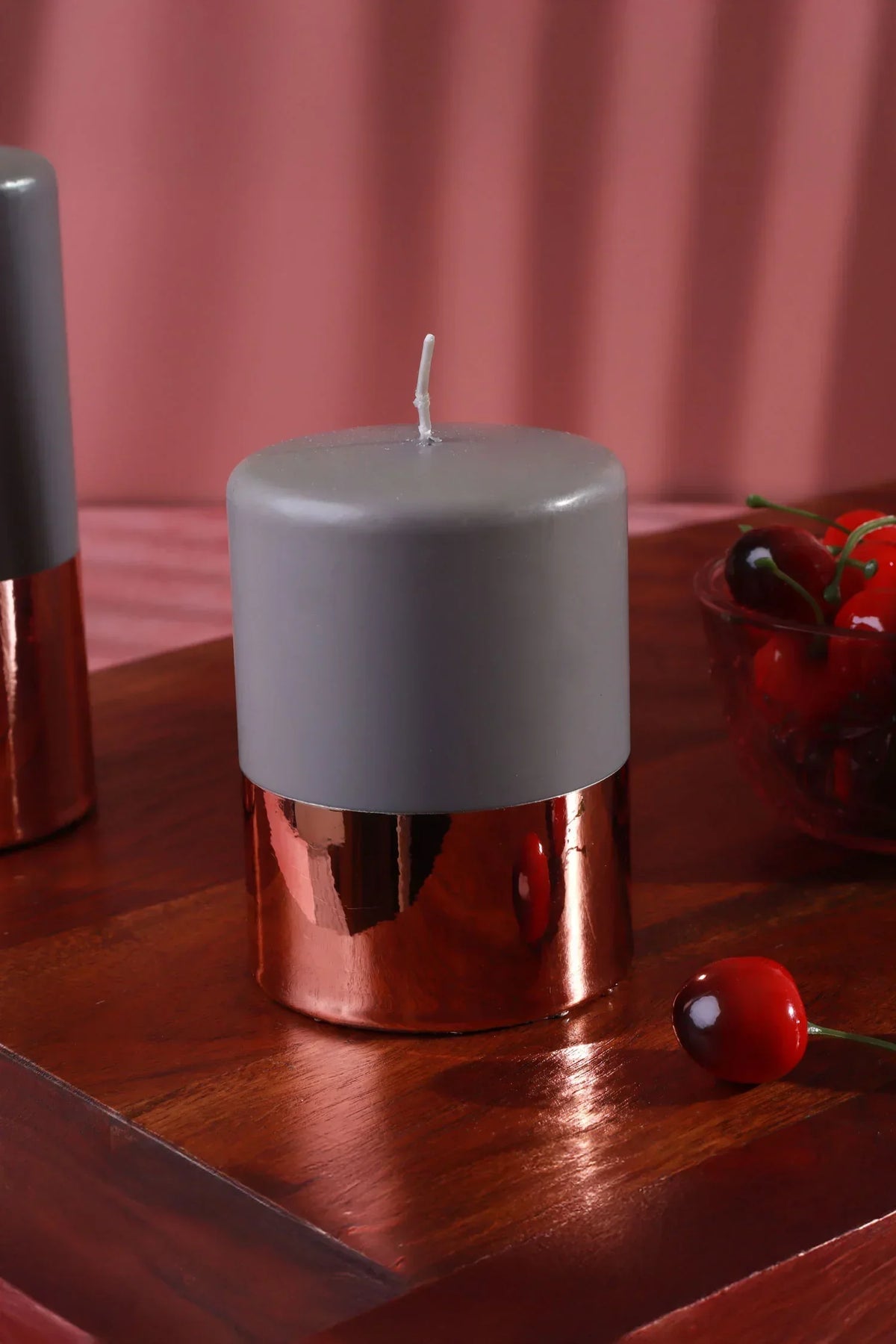 Ceraven Glass-Effect Pillar Candle in Grey and Brushed Copper — lifestyle view, G Decor