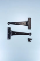 9″ 12″ or 18″ Pair of Hand-Forged Coinbase T Hinges in Black Finish — close-up view, G Decor