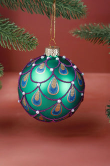 Hand-Painted Peacock Tail Glass Bauble — Emerald or Royal Blue