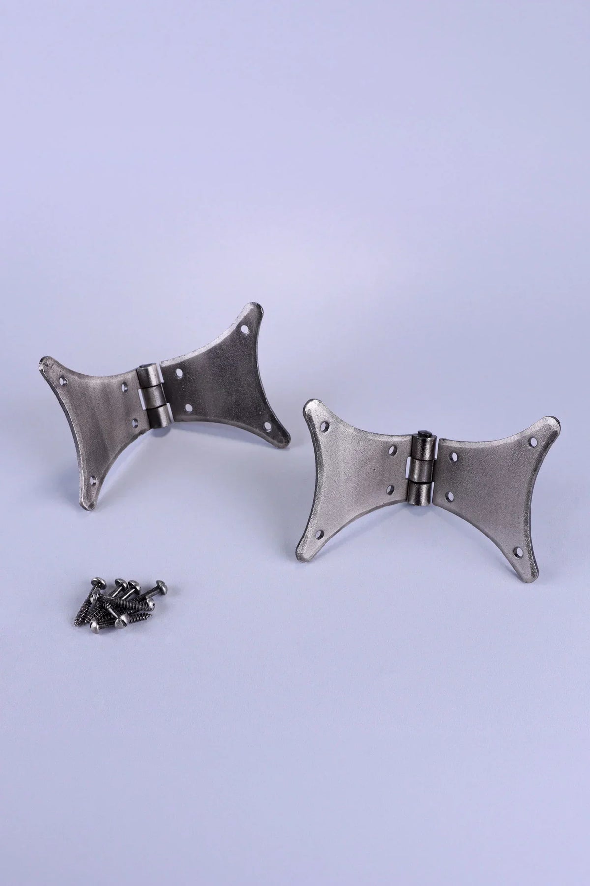 Pair of Hand-Forged Iron Butterfly Hinges, Pewter — close-up view, G Decor
