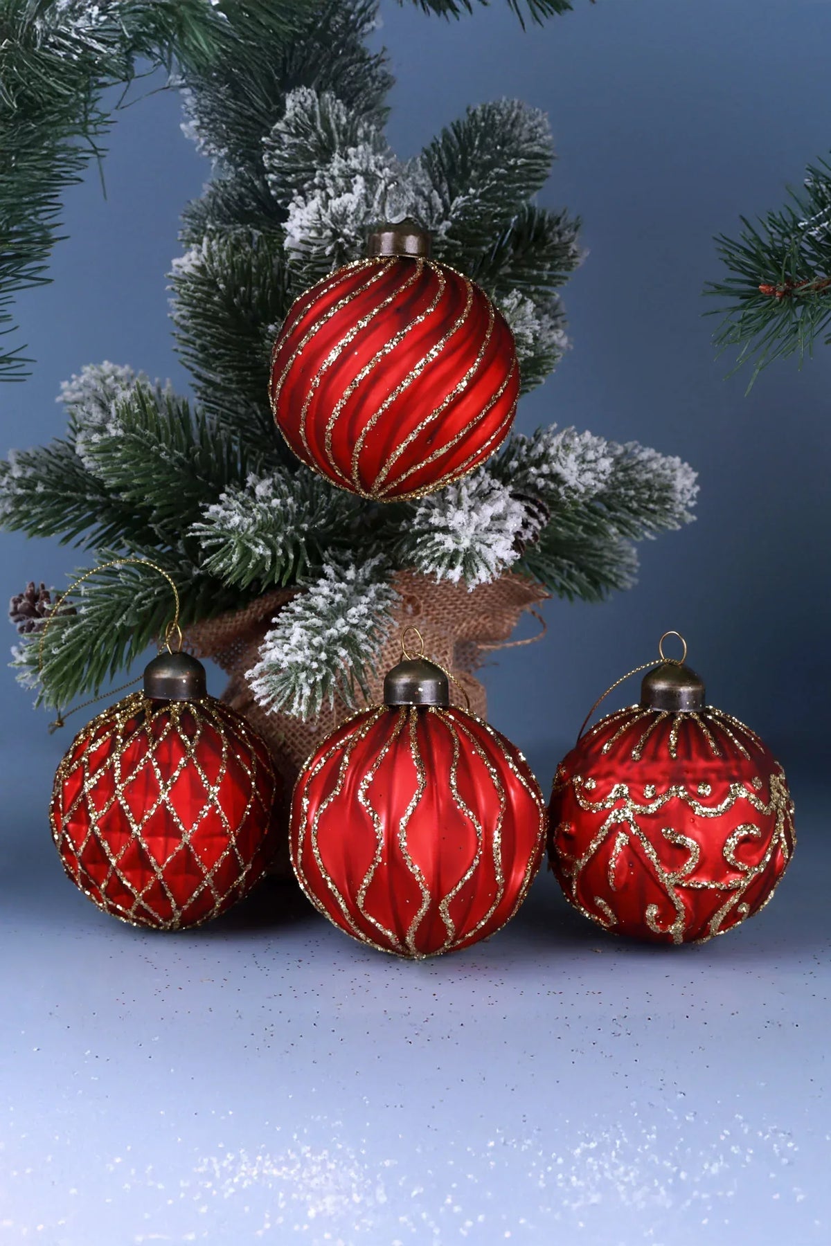 Set of 4 Hand-Painted Satin Red Glass Christmas Baubles with Gold Detail — G Decor