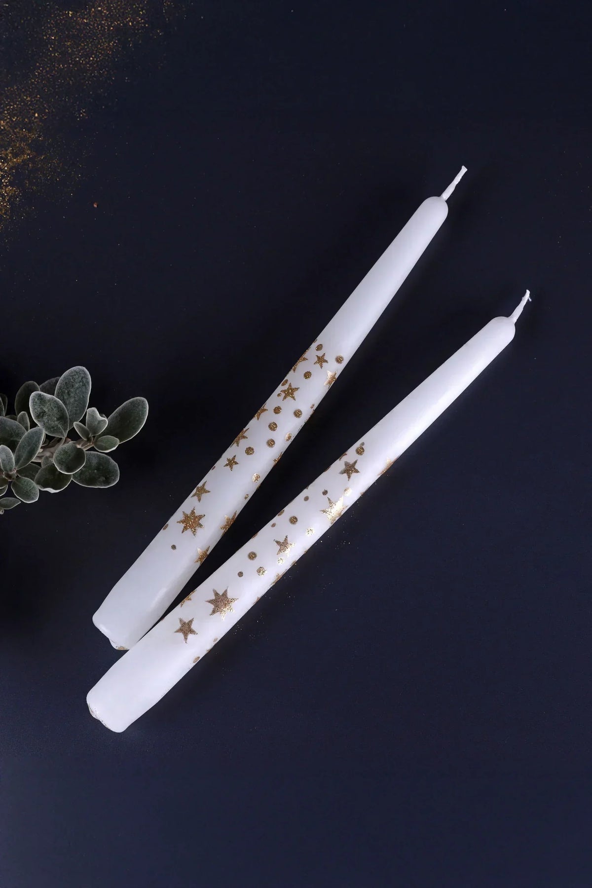 Starlit Pair of White Taper Candles with Gold Glitter Stars — view 5, G Decor