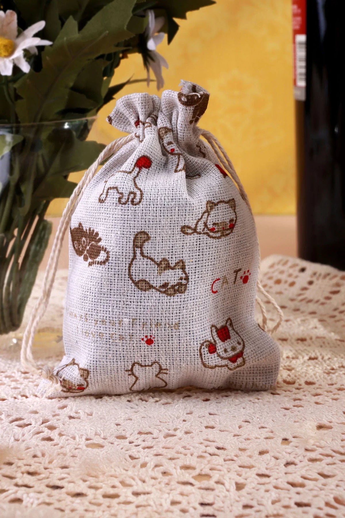 Set of 2 or 4 Whisker Mischief Linen Gift Bag Pouches — view 6, G Decor