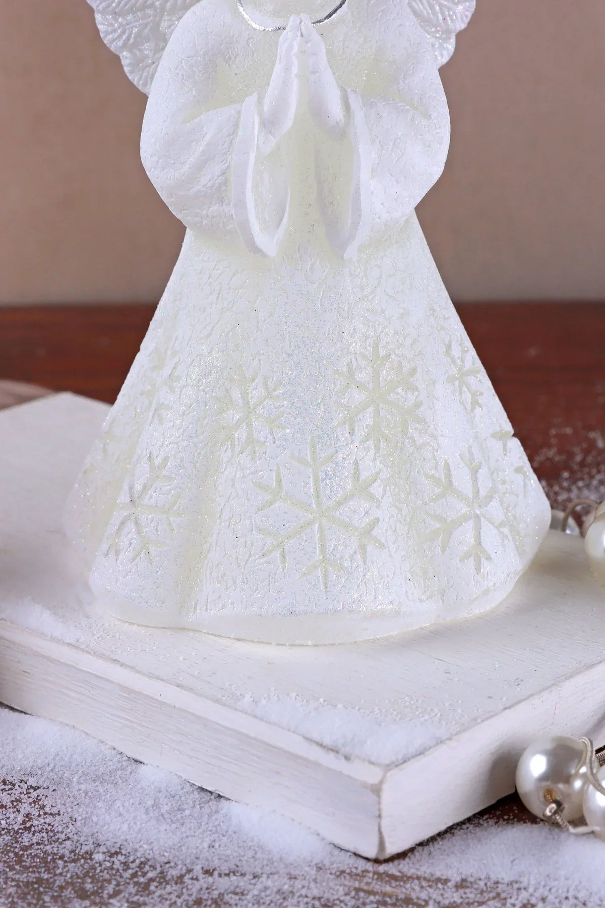 White Angel Hand-Finished Wax Candle with Snowflake Dress — lifestyle view, G Decor