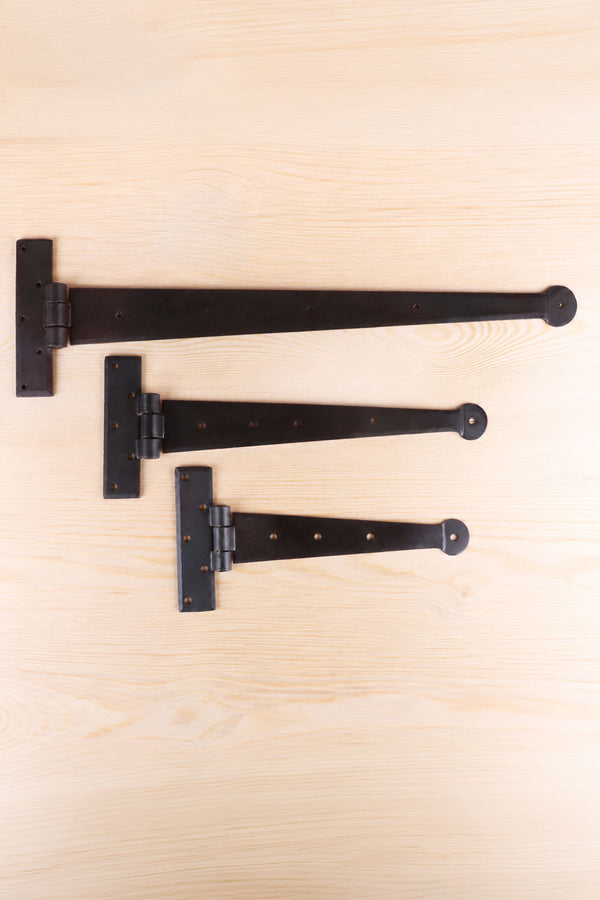 9″ 12″ or 18″ Pair of Hand-Forged Penny End T Hinges in Beeswax Finish