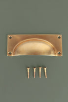 Bevelled plate aged brass cup pull with its screws