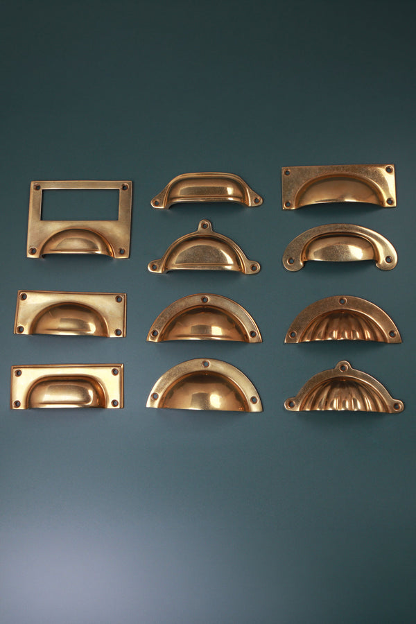 Aged Brass Cup Pulls in 11 Styles — Solid Brass Cup Handles & Bin Pulls