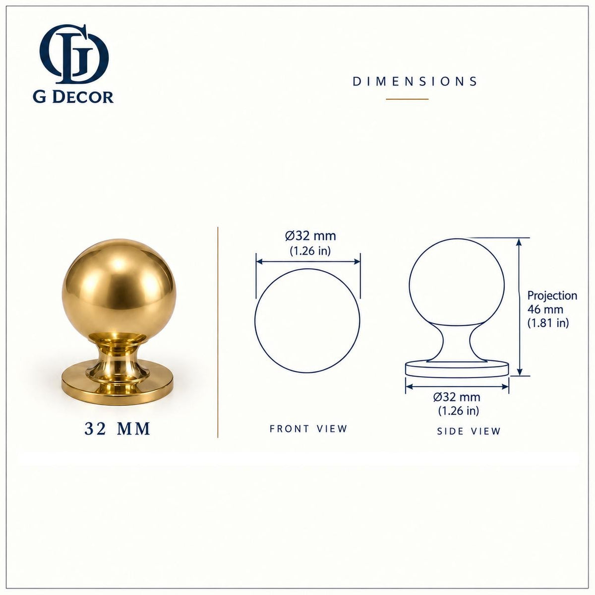 Size drawing of the aged brass round cabinet knob, 32mm