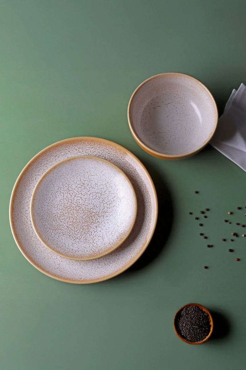 Amber Dawn Crackle Glaze Ceramic Dinner Plates Side Plates and Bowls – Set of 12