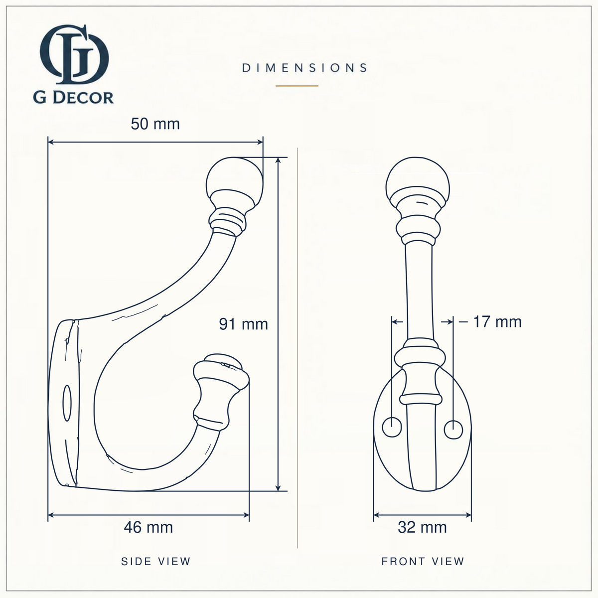 Size drawing of the ball finial hook: 91 mm (3.58 in) tall, sticks out 50 mm (1.97 in), back plate 32 mm (1.26 in) wide, screw holes 17 mm (0.67 in) apart