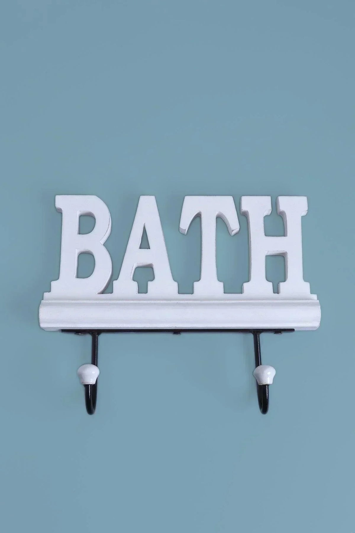Bath White Wooden Sign Wall Rack Hook — close-up view, G Decor