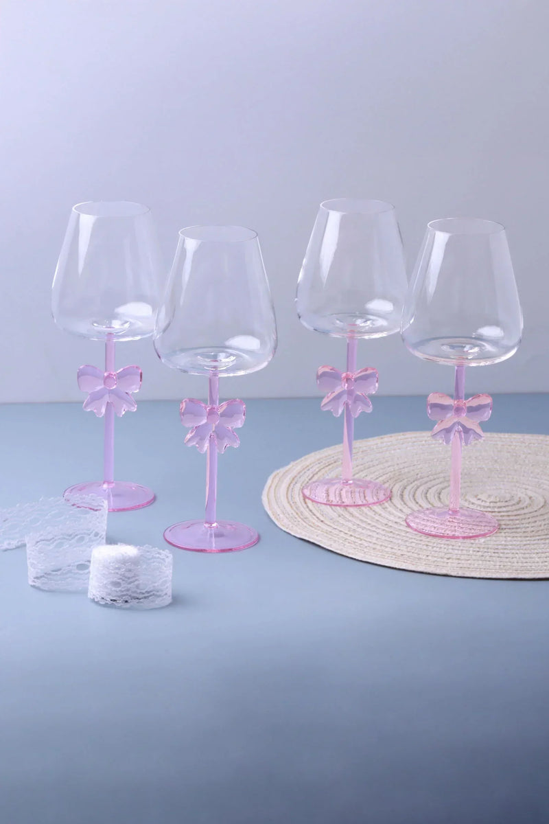 Blush Bow Pink Wine Glasses with Delicate Bow Stem Set of 4