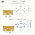 Size drawings: rounded plate and square plate cup pulls
