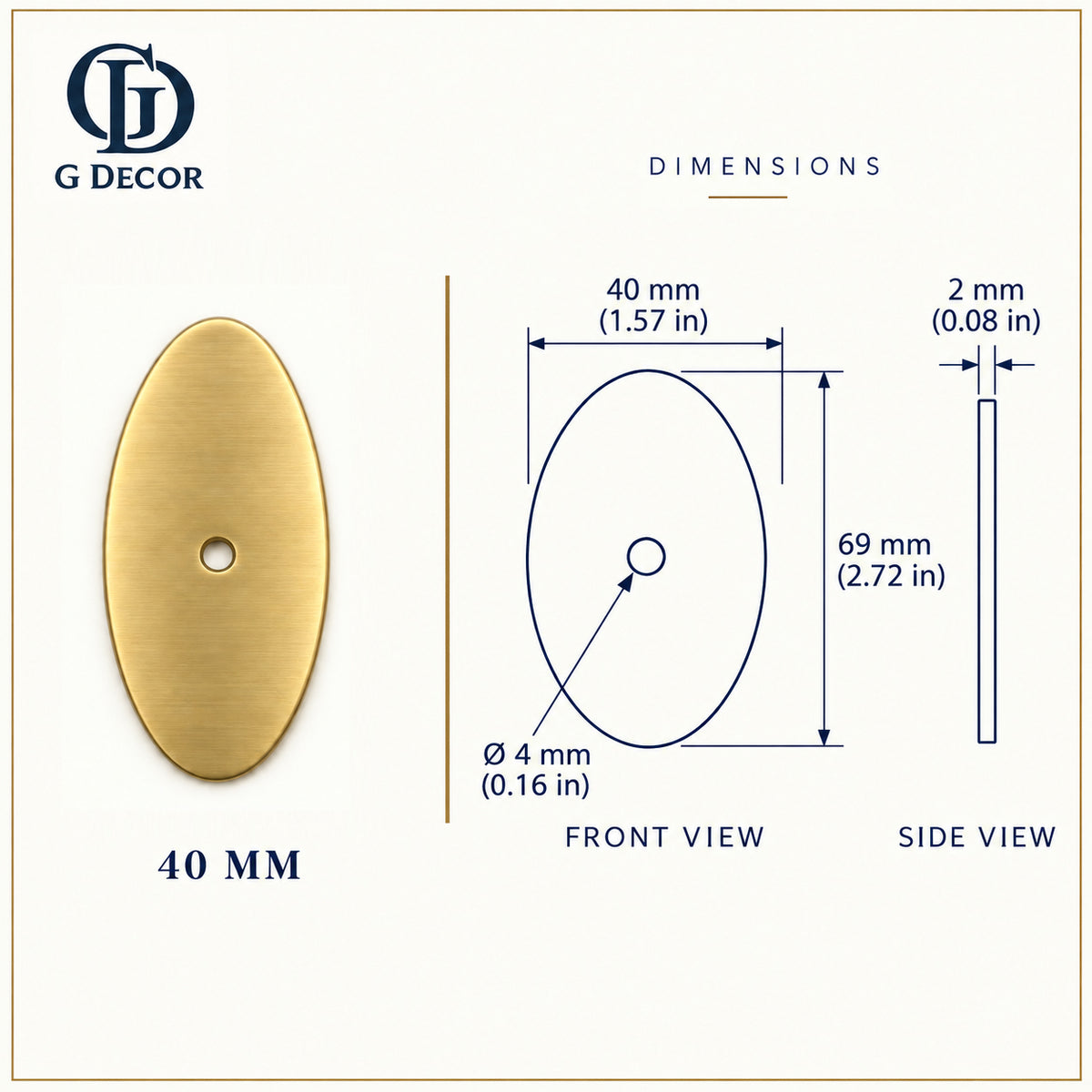 Size drawing: brass oval backplate 69x40mm