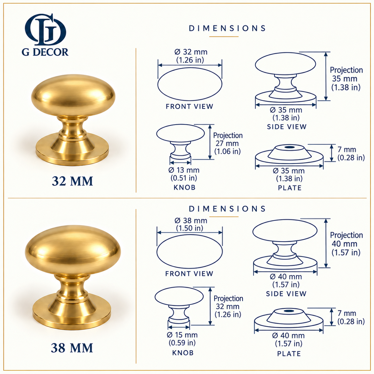 Size drawing of the brass oval knob on rose: 32mm knob on a 35mm rose, 35mm projection; 38mm knob on a 40mm rose, 40mm projection