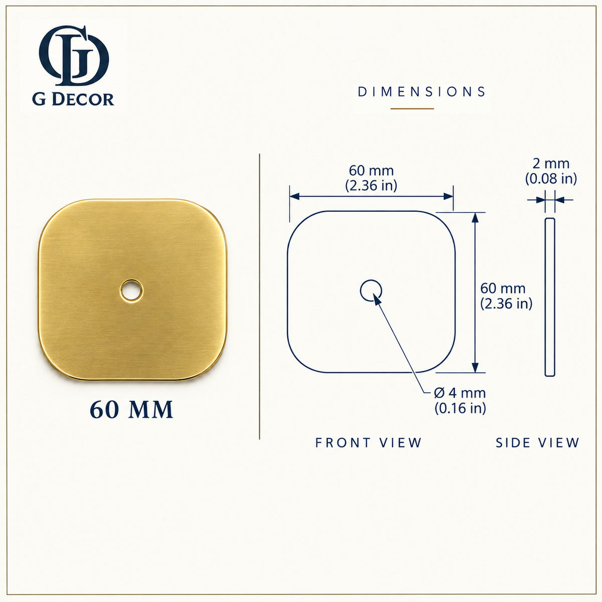 Size drawing: brass squircle backplate 60mm