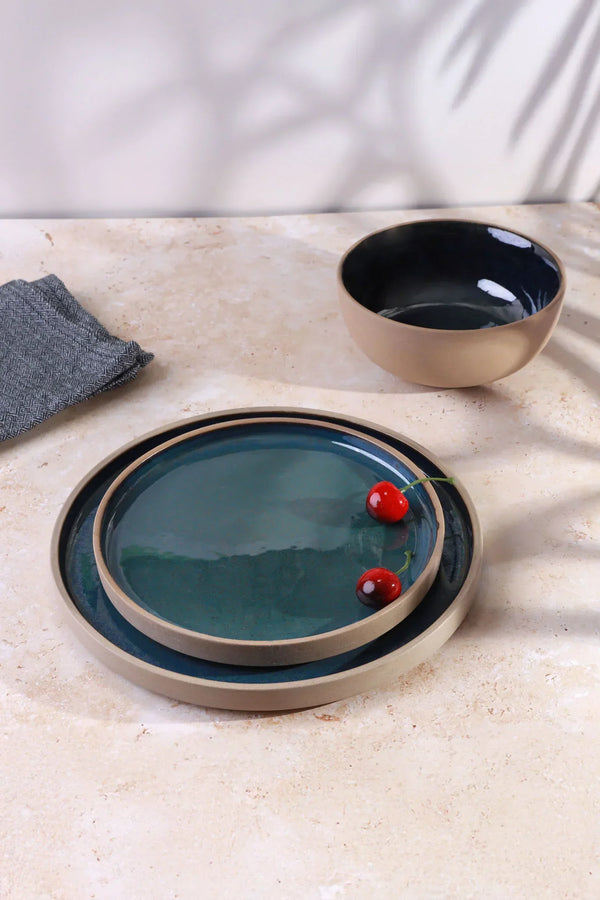 Canvara Handcrafted Stoneware Plates and Bowls in Teal and Natural – Set of 12