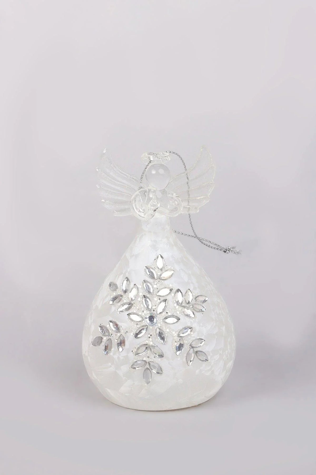 Celestia Glass Light-Up Angel Ornament in Snowflake Frost or Frosted Pearl — lifestyle view, G Decor