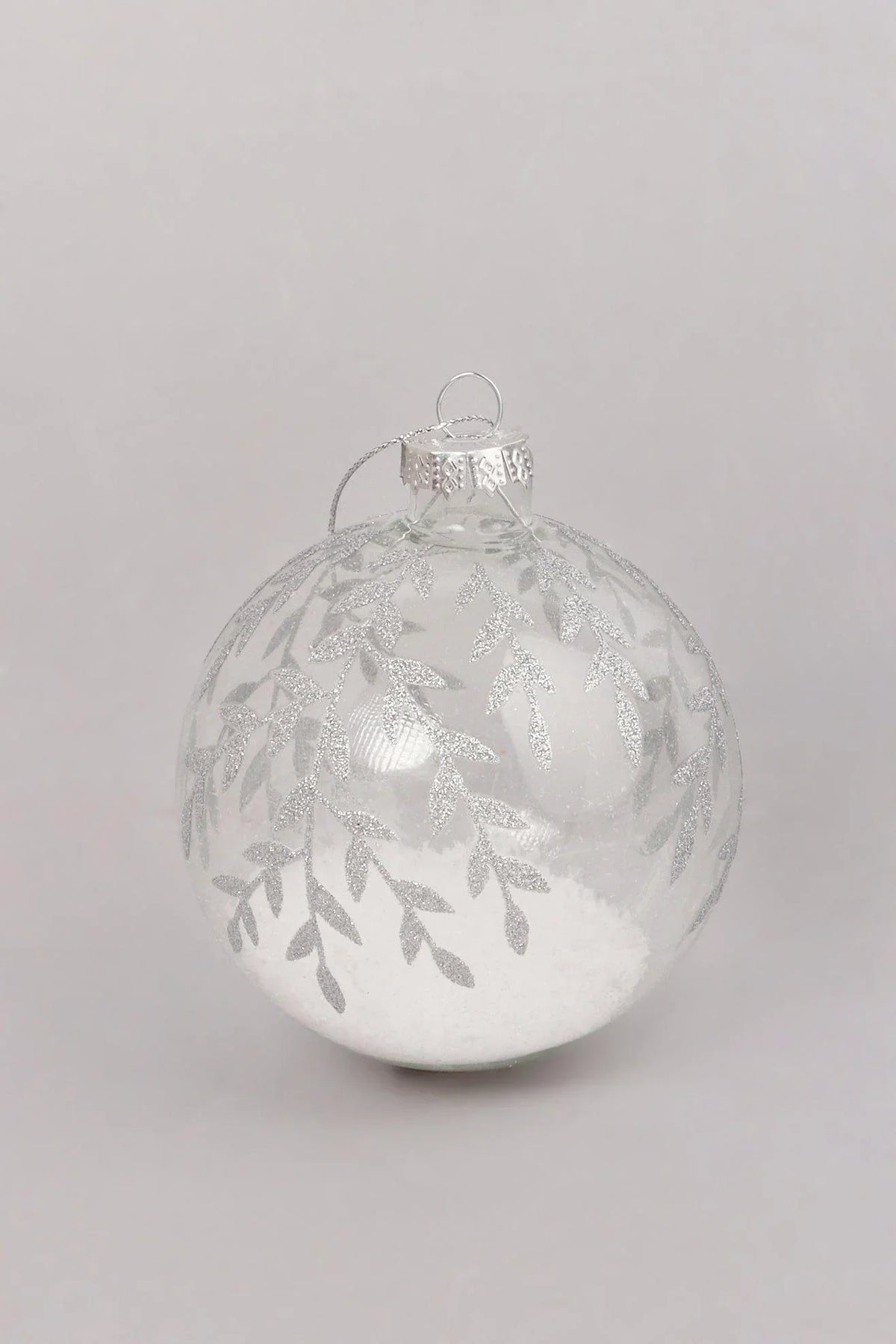 Clear Frosted Leaf Hand-Finished Glass Christmas Baubles — close-up view, G Decor