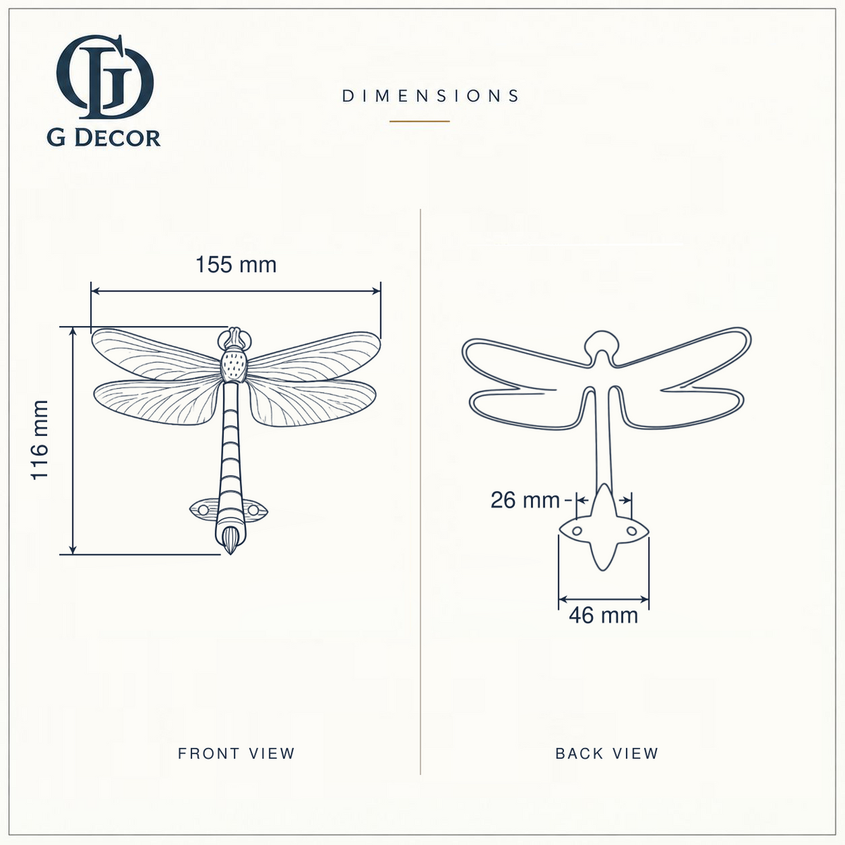 Size drawing of the brass dragonfly door knocker: 155 mm (6.10 in) wide and 116 mm (4.57 in) tall; fixing plate 46 mm (1.81 in) across; screw holes 26 mm (1.02 in) apart