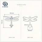 Size drawing of the brass dragonfly door knocker: 155 mm (6.10 in) wide and 116 mm (4.57 in) tall; fixing plate 46 mm (1.81 in) across; screw holes 26 mm (1.02 in) apart
