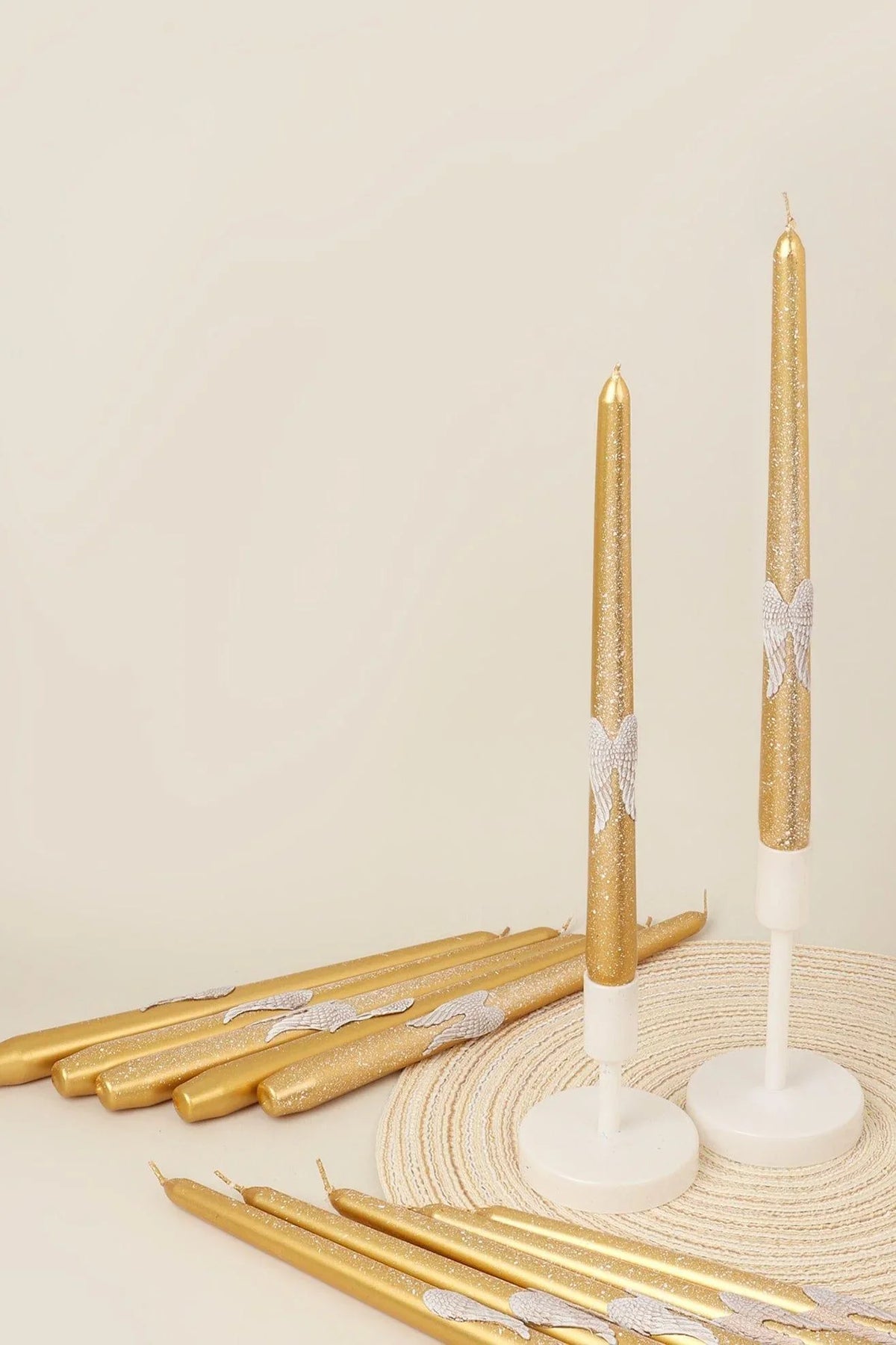 Featheré Wings Pair of Gold Wax Taper Candles with Angel Wing Detail — G Decor
