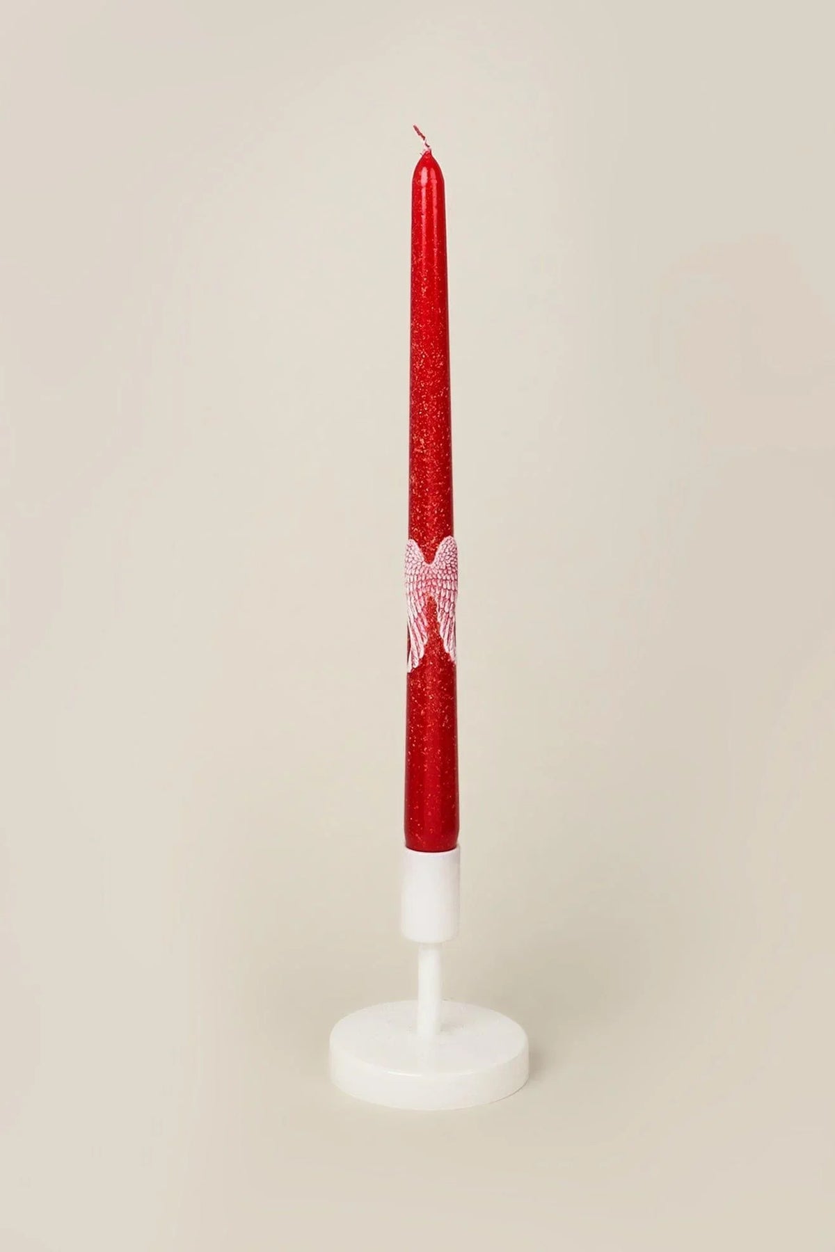Featheré Wings Pair of Red Wax Taper Candles with Angel Wing Detail — close-up view, G Decor