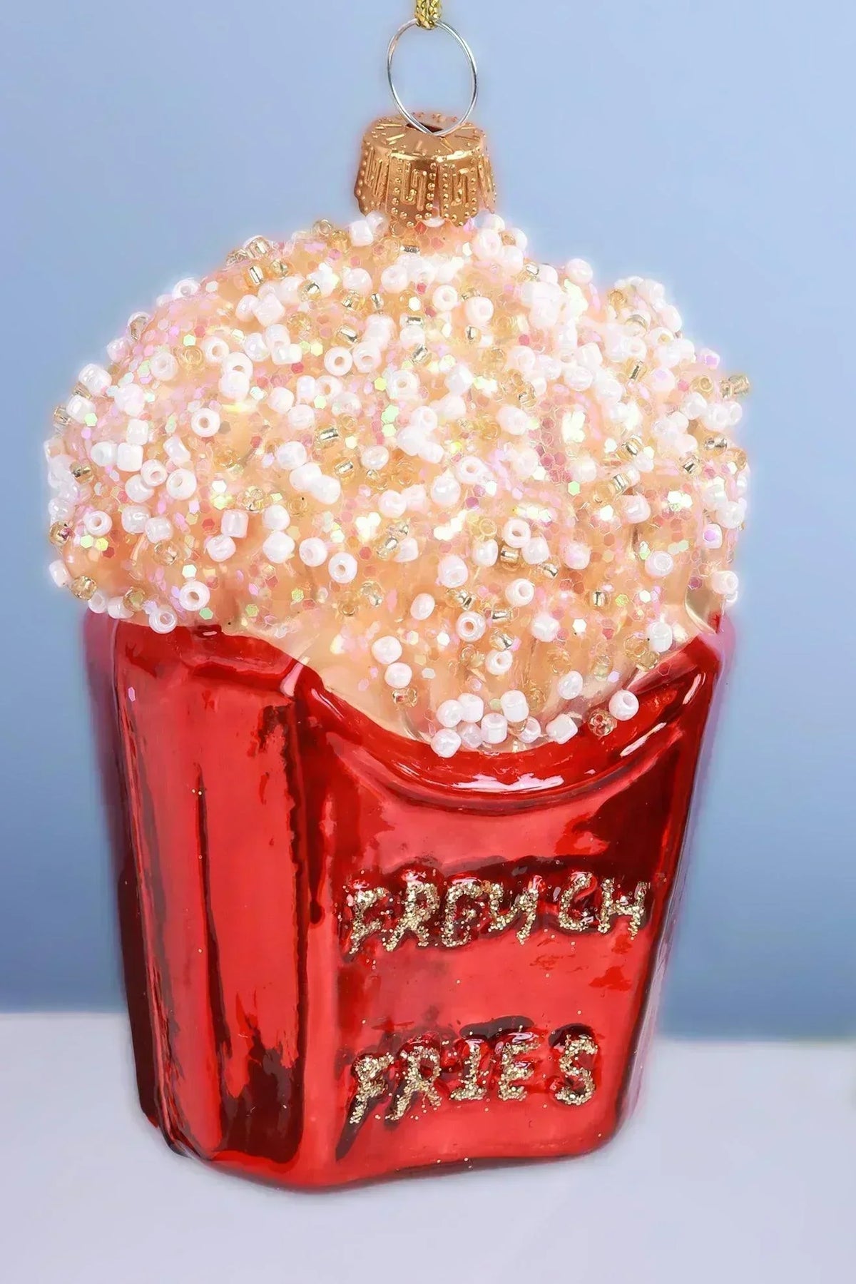 French Fries Glass Christmas Tree Bauble — close-up view, G Decor