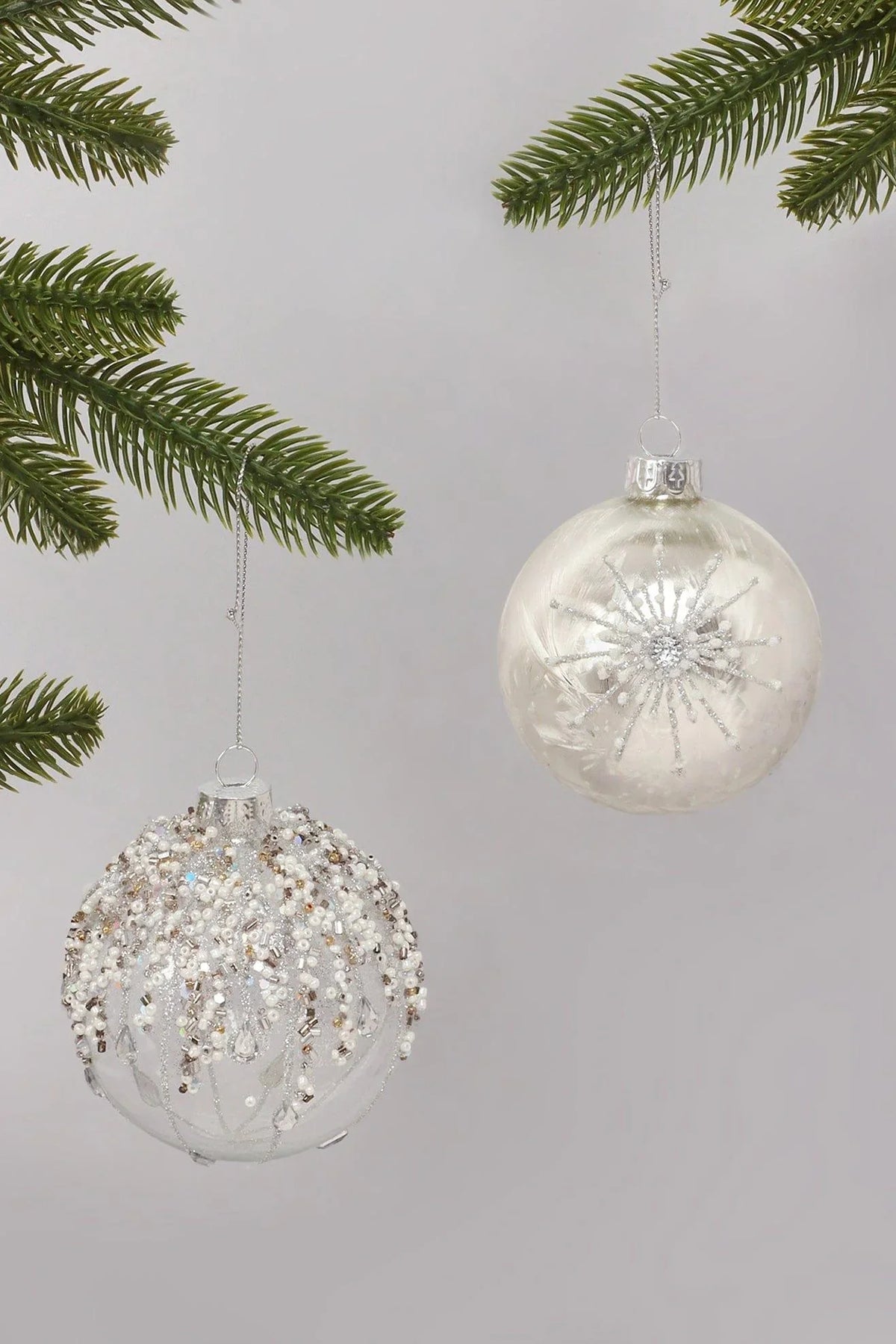 Silver Frosted Glass Christmas Bauble with Beads and Snowflake Design — G Decor