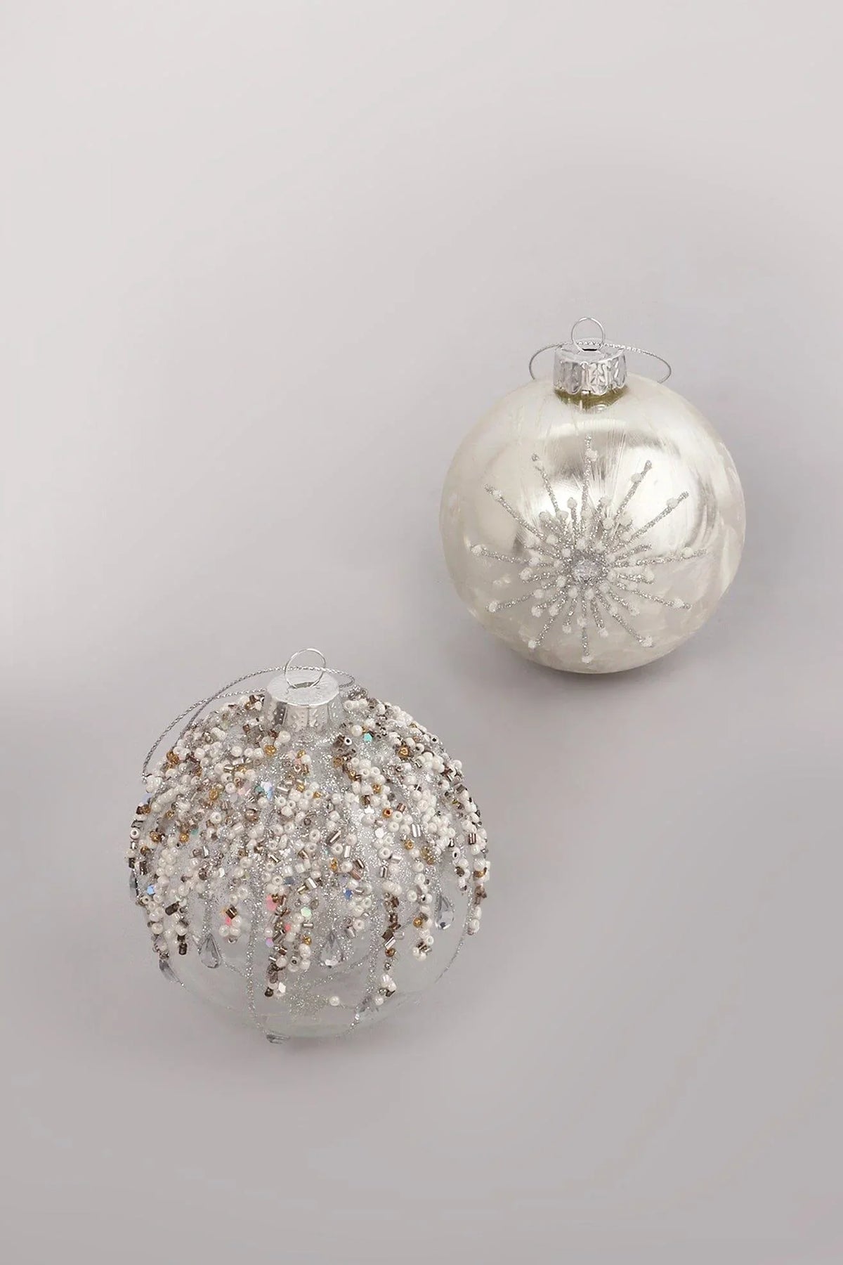 Silver Frosted Glass Christmas Bauble with Beads and Snowflake Design — alternate view, G Decor