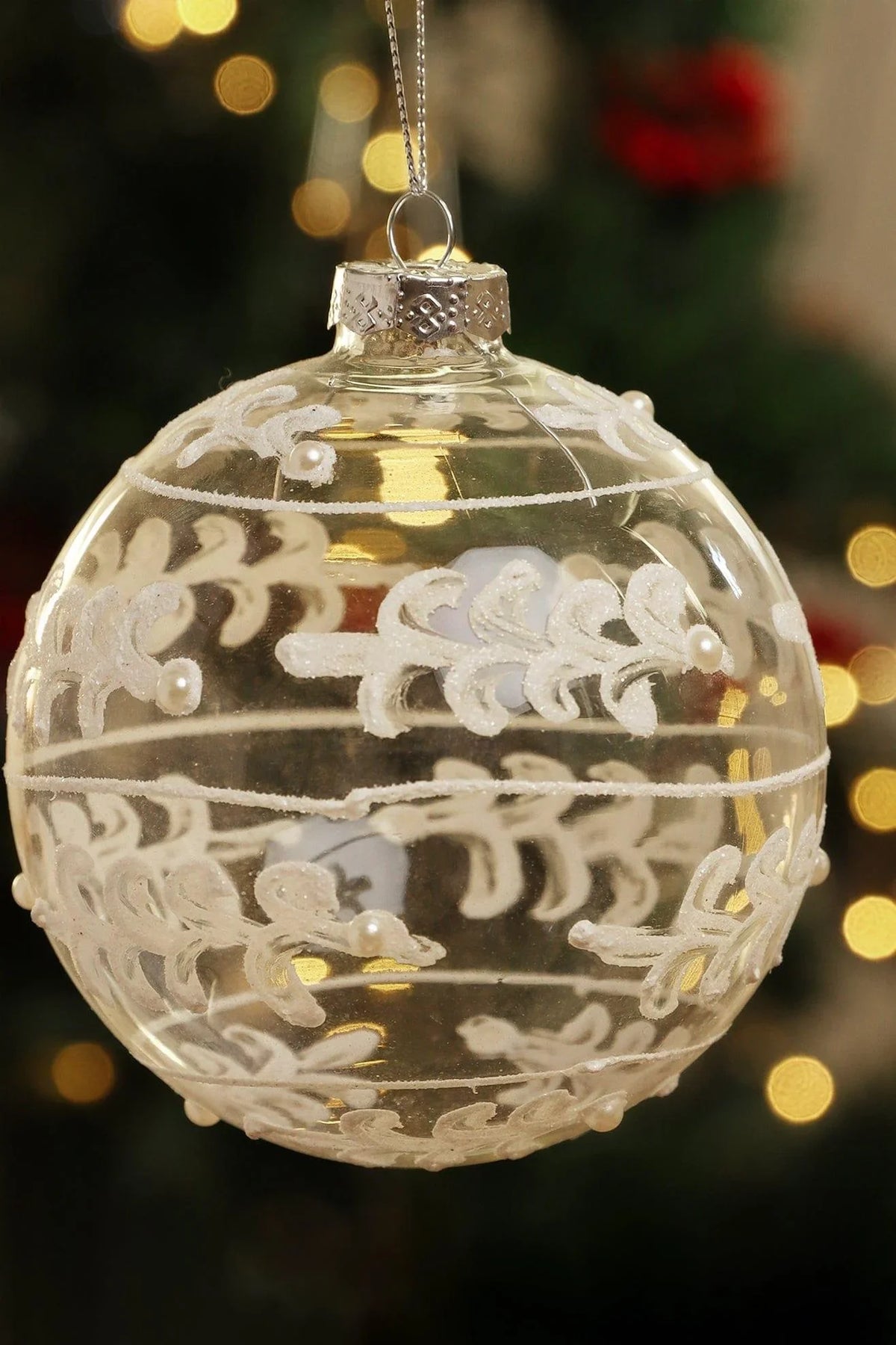 White Frost Sonata Hand-Painted Glass Christmas Bauble with Lacework — G Decor