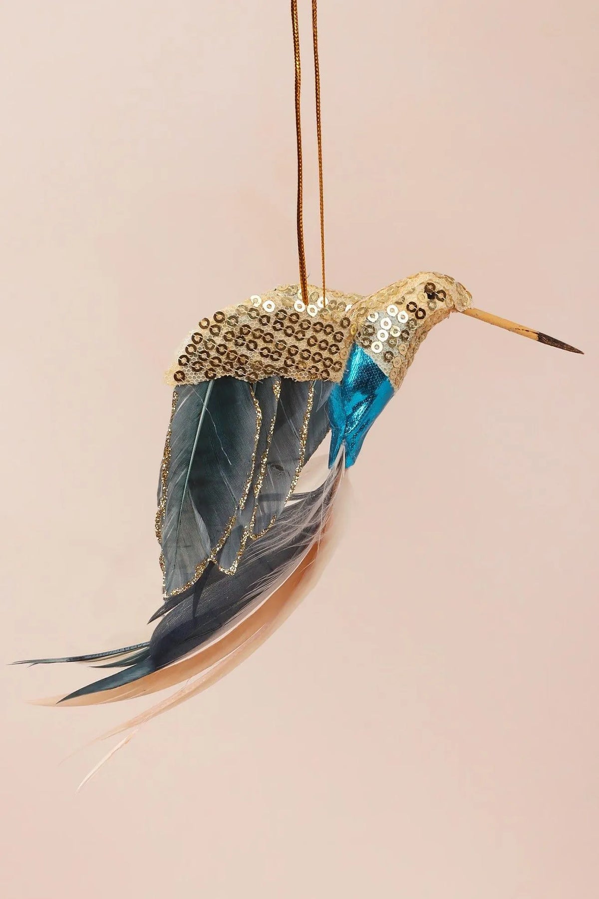 Gold Bird Christmas Tree Decoration with Sequins and Feathers — alternate view, G Decor