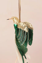Gold Bird Christmas Tree Decoration with Sequins and Feathers — close-up view, G Decor