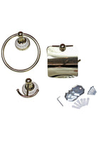The three gold bathroom pieces with the fixings: wall plates, screws, wall plugs and an Allen key