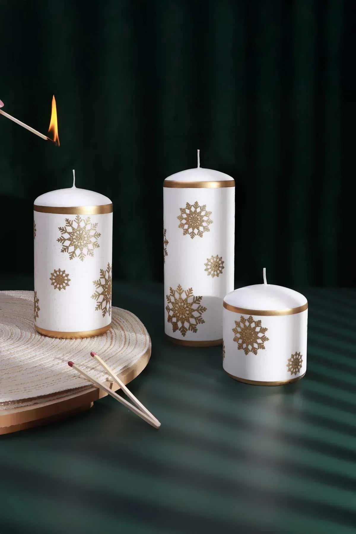 Golden Snowflake Pillar Candle with Gold Foil Trim and White Wax — G Decor