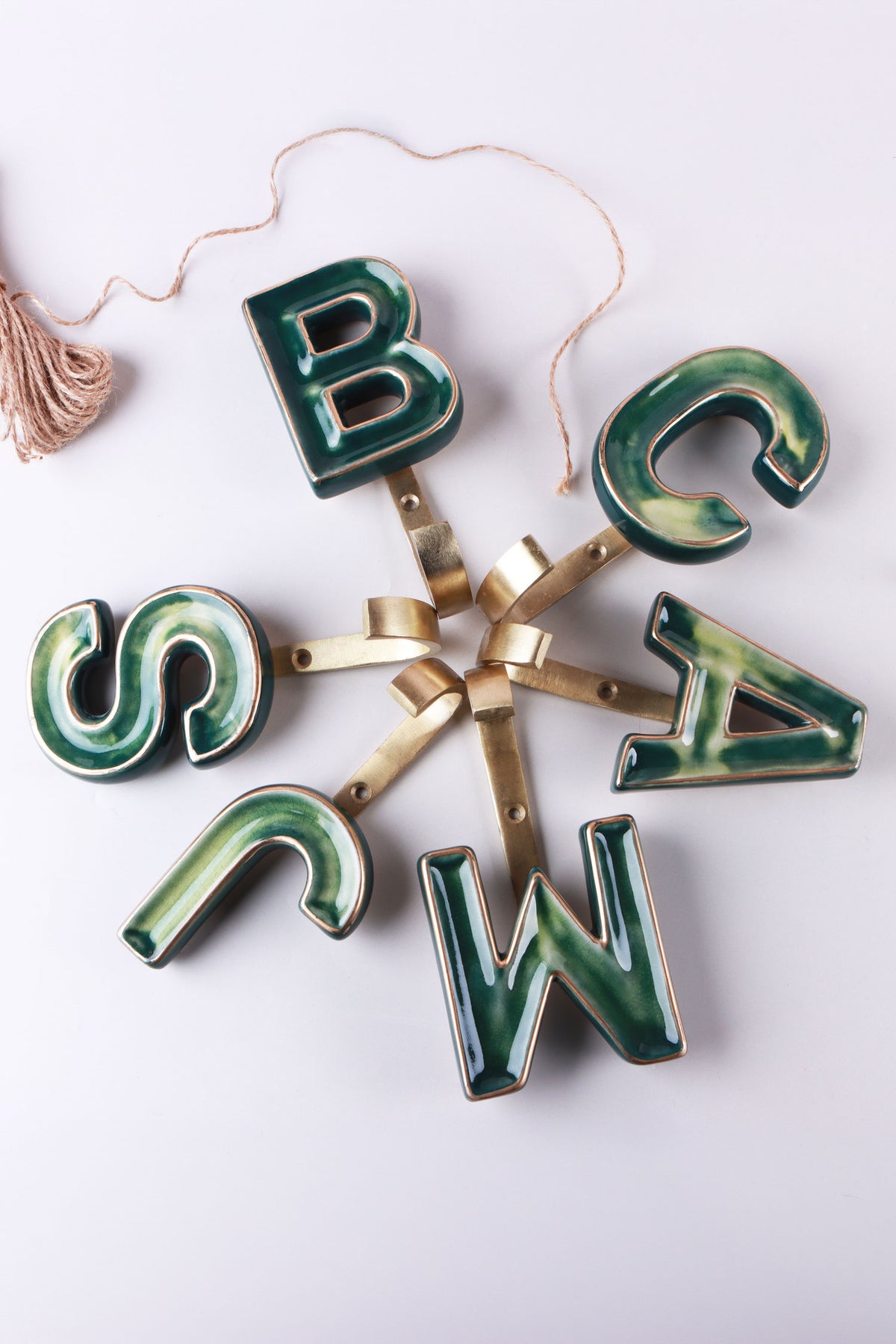 Green ceramic letter hooks, fourth view
