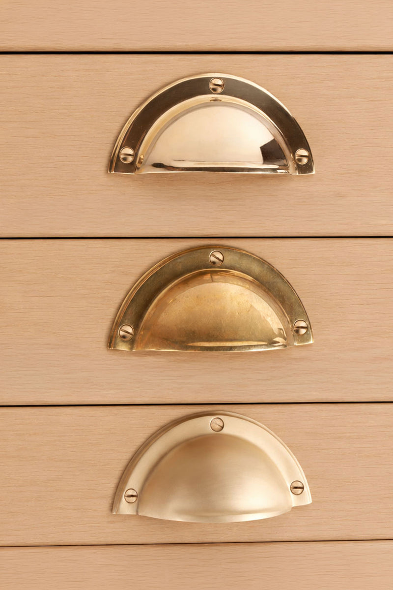 Half Moon Brass Cup Pull, 4 Inch Solid Brass Drawer Pull in Polished, Aged or Satin Brass, Kitchen Cupboard Bin Pull Handle